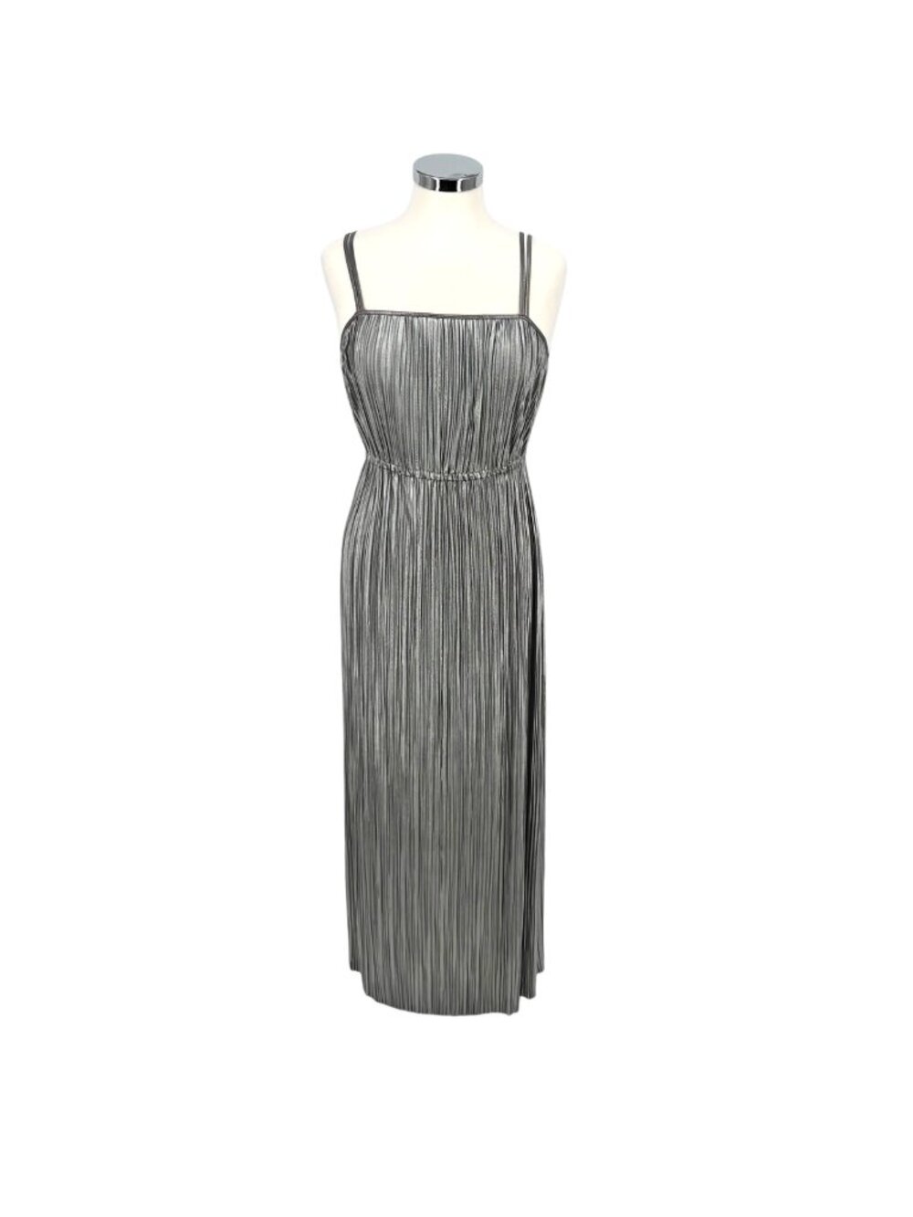 Forever 21 Metallic Silver Pleated Maxi Dress Size Small NWT Retro Glam Chrome